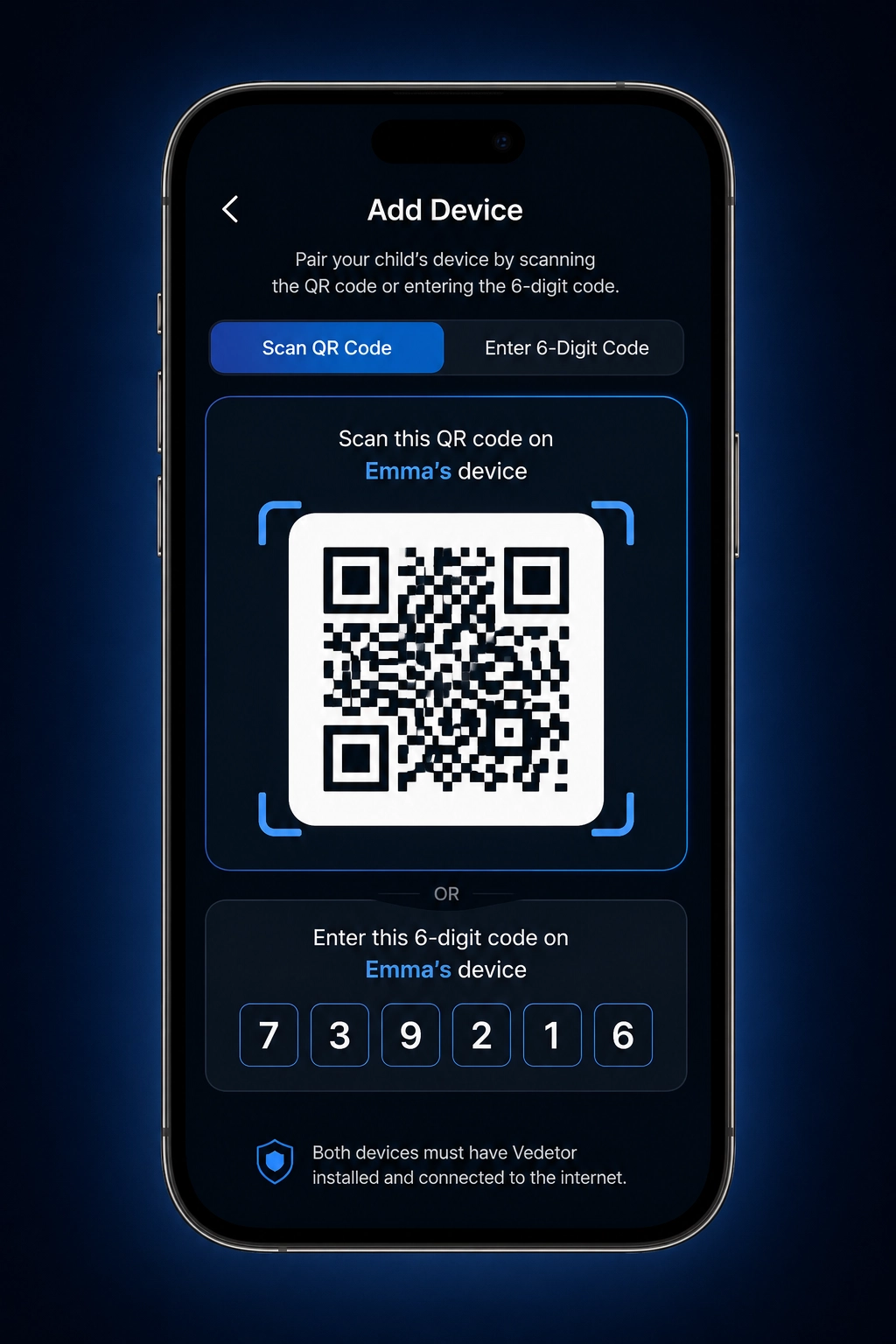 Vedetor Add Device pairing screen with QR code and six-digit pairing code